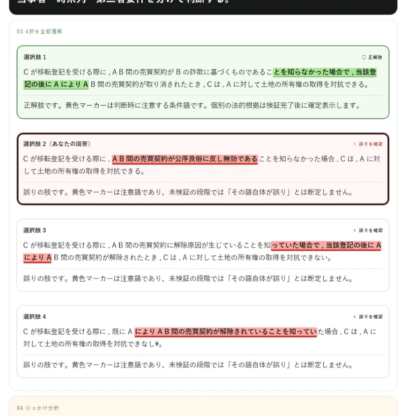 AI STUDY 宅建の4択判断解説画面