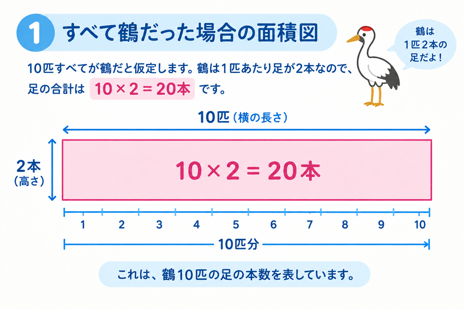 鶴が10匹いると仮定した面積図。10×2で足の合計は20本